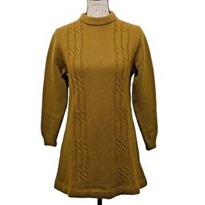 VTG Traverse Bay Woolen Co.  Tunic Sweater Mustard Tan 2 Cable Strips 38" Bust